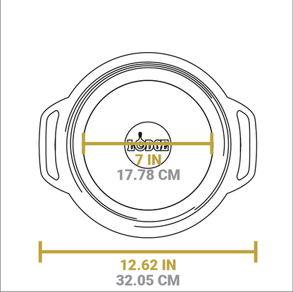 Dimensional drawing of product. Total width handle to handle is 12.62 inches, width of flat bottom is 7 inches.