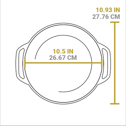 Dimensional drawing of product. Total length is 10.93 inches, total width of cooking surface is 10.5 inches.
