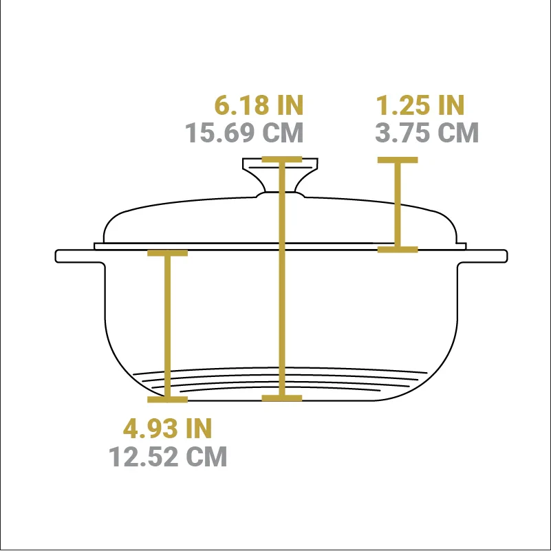 Dimensional drawing of product. Total height including lid knob is 6.18 inches, height of cooking surface is 4.93 inches, height of lid is 1.25 inches.