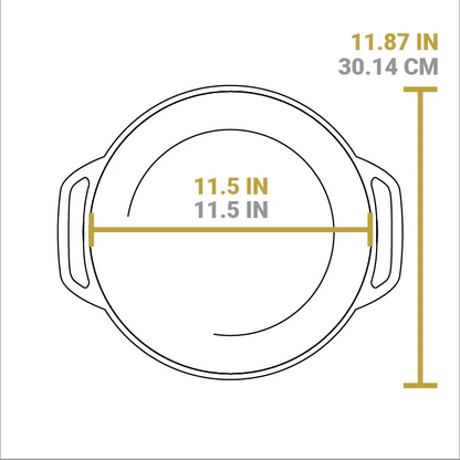 Dimensional drawing of product. Total length is 11.87 inches, total width of cooking surface is 11.5 inches.