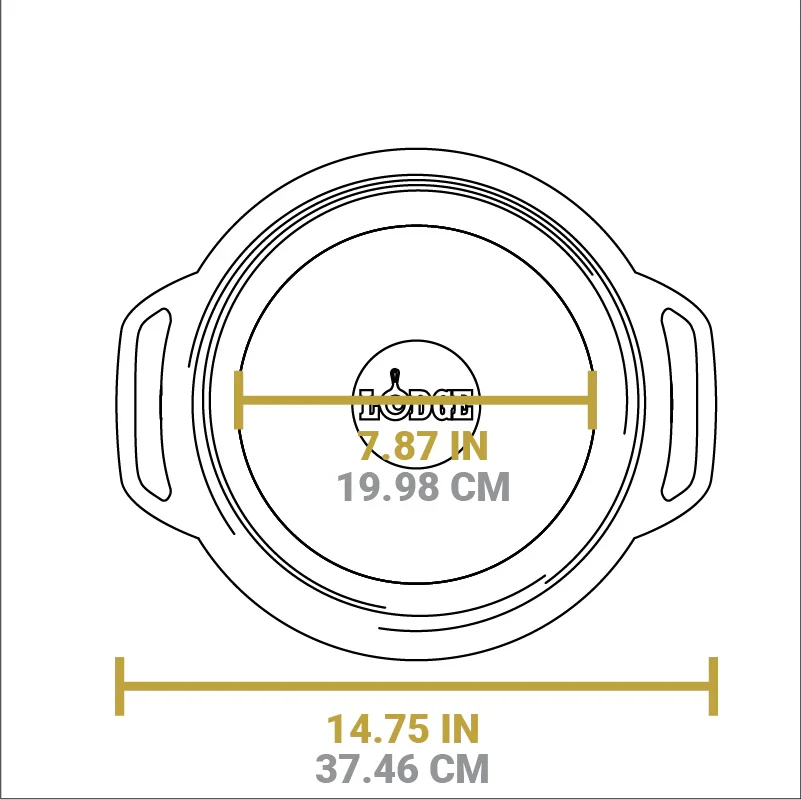 Dimensional drawing of product. Total width handle to handle is 14.75 inches, width of flat bottom is 7.87 inches.