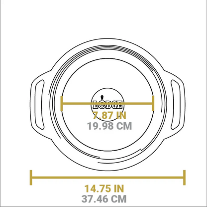 Dimensional drawing of product. Total width handle to handle is 14.75 inches, width of flat bottom is 7.87 inches.