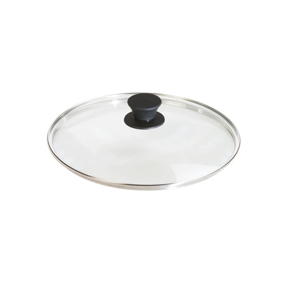Round glass lid with transparent top, silver rim, and black knob in middle.