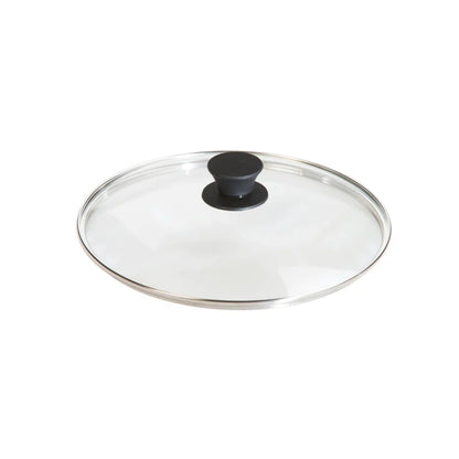Round glass lid with transparent top, silver rim, and black knob in middle.