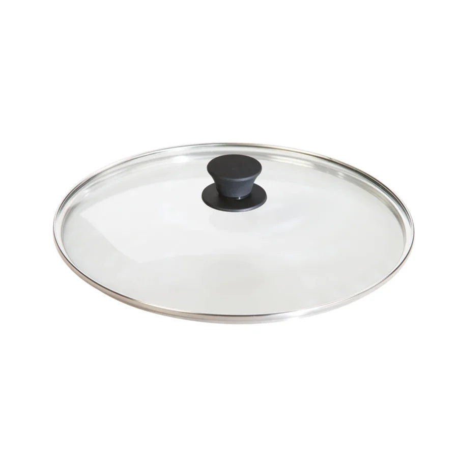 Round glass lid with transparent top, silver rim, and black knob in middle.