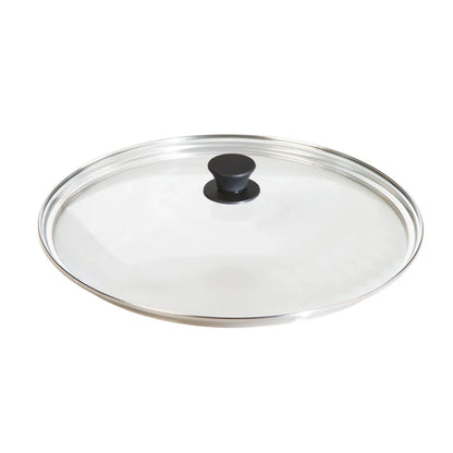 Round glass lid with transparent top, silver rim, and black knob in middle.