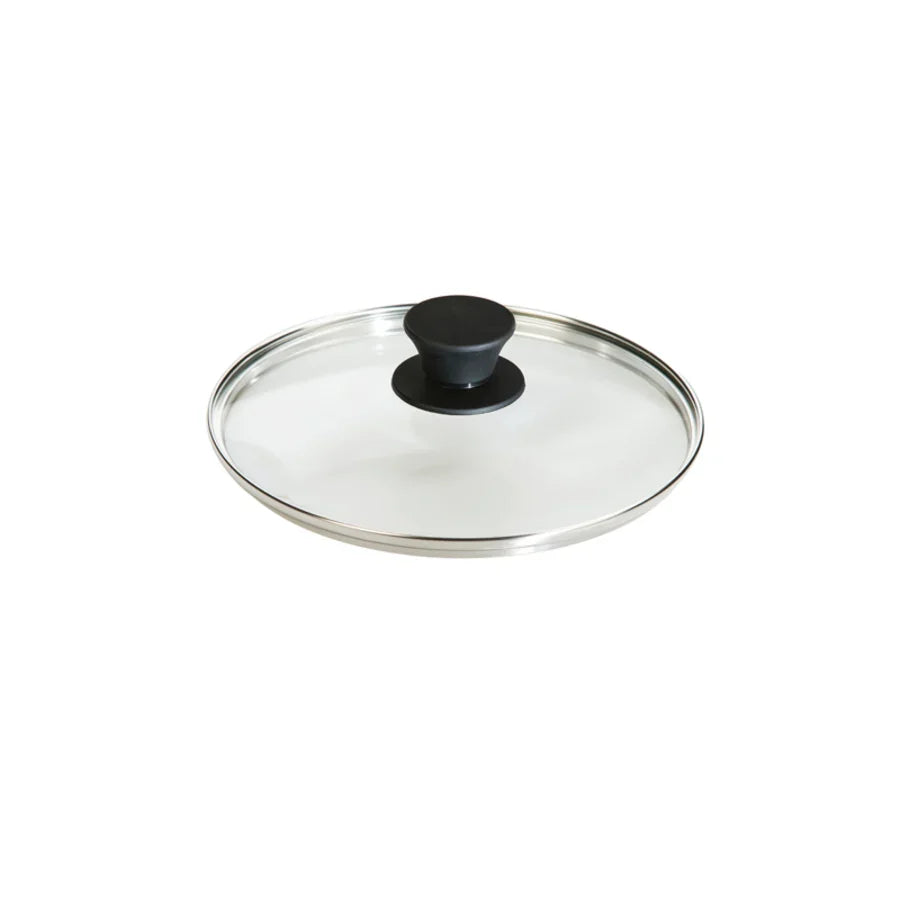 Round glass lid with transparent top, silver rim, and black knob in middle.