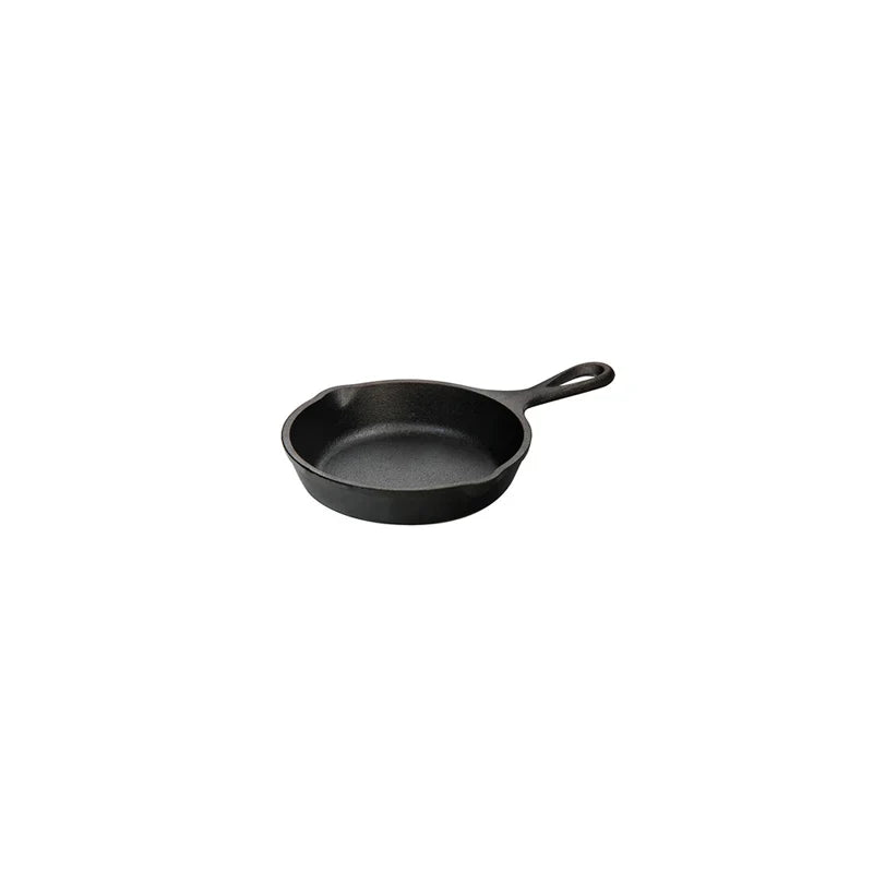 Black skillet with long handle and 2 pour spouts.