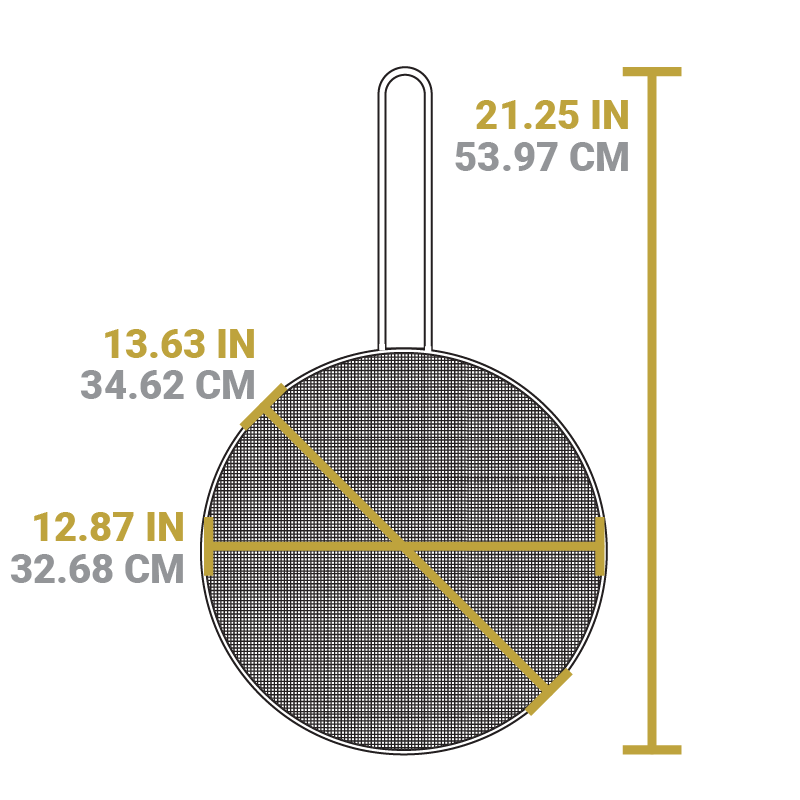 Dimensional drawing of product. Width is 12.87 inches, diameter is 13.63 inches, and total length with handle is 21.25 inches.