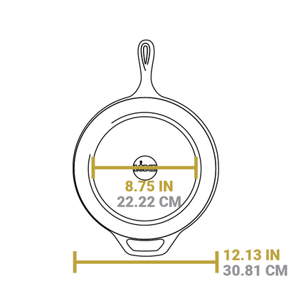 Dimensional drawing of product. Flat bottom is 8.75 inches, total width is 12.13 inches.