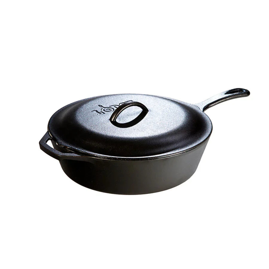 A deep, circular skillet with a longer handle, loop handle, and lid.