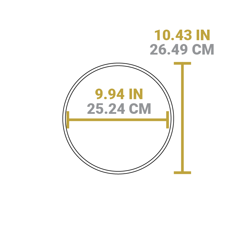 Dimensional drawing of product. Total width is 9.94 inches, total length is 10.43 inches.