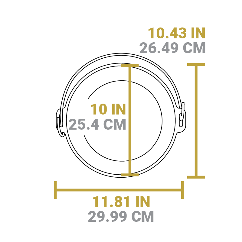 Dimensional drawing of product lid. Total width is 11.81 inches, total length including handle is 10.43 inches, diameter of lid is 10 inches.
