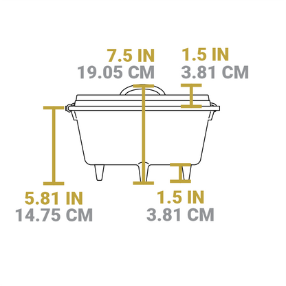 Dimensional drawing of product. Total height is 7.5 inches, height of dutch oven is 5.81 inches, height of legs is 1.5 inches, and height of lid is 1.5 inches.