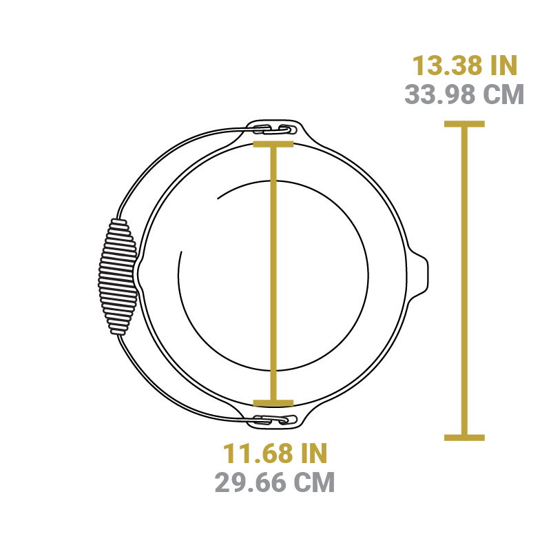 Dimensional drawing of product. Width of cooking surface is 11.68 inches, total length is 13.38 inches.
