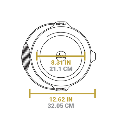 Dimensional drawing of product. Width of flat bottom is 8.31 inches, total width is 12.62 inches.