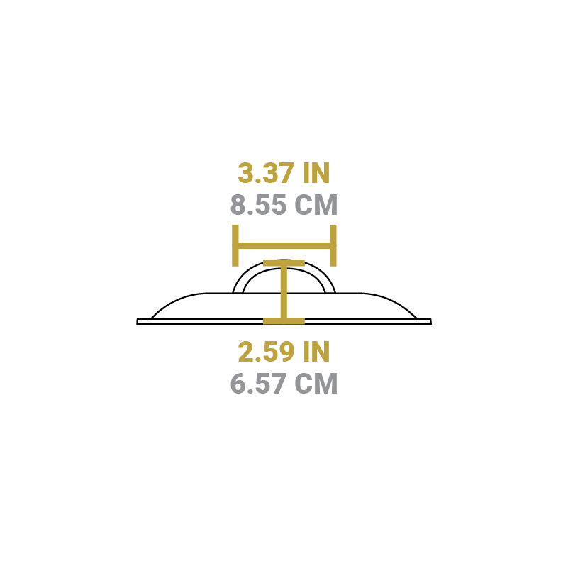 Dimensional drawing of product lid. Total height is .2.59 inches, width of handle is 3.37 inches.