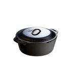 Cast iron dutch oven with lid. A loop handle on each side, pour spouts on the other sides, and a handle on top of lid.