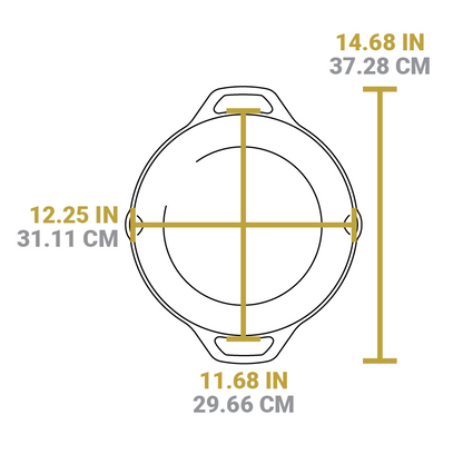 Dimensional drawing of product. Width of dutch oven cooking surface is 11.68 inches, total width from handle to handle is 14.68 inches, and length from pour spout to pour spout is 12.25 inches.