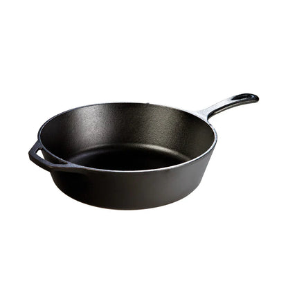 A deep, circular skillet with a long handle and loop handle.