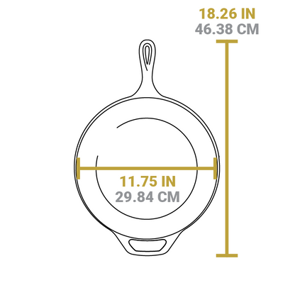 Dimensional drawing of product. Width of cooking surface is 11.75 inches, total length including handles is 18.26 inches.