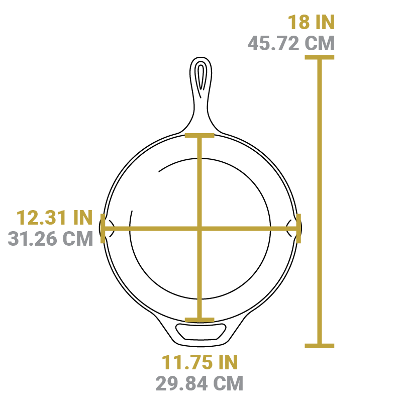 Measurement chart showing dimensions of the 12 inch skillet. Full length is 18 inches, width of cooking surface is 12.31 inches, and length of cooking surface is 11.75 inches.