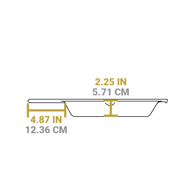 Measurement chart showing dimensions of the 12 inch skillet. Handle is 4.87 inches, height of cooking surface is 2.25 inches.