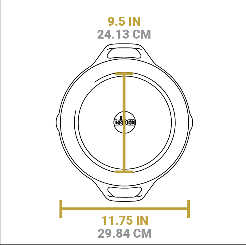 Dimensional drawing of product. Flat bottom width is 9.5 inches, total width is 11.75 inches.