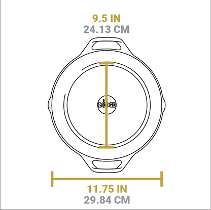 Dimensional drawing of product. Flat bottom width is 9.5 inches, total width is 11.75 inches.
