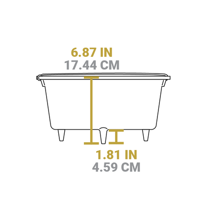 Dimensional drawing of product. Height of dutch oven is 6.87 inches, height of legs is 1.81 inches.