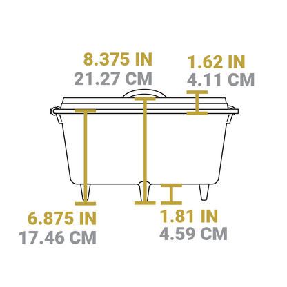 Dimensional drawing of product. Total height is 8.375 inches, height of dutch oven is 6.875 inches, height of legs is 1.81 inches, and height of lid is 1.62 inches.