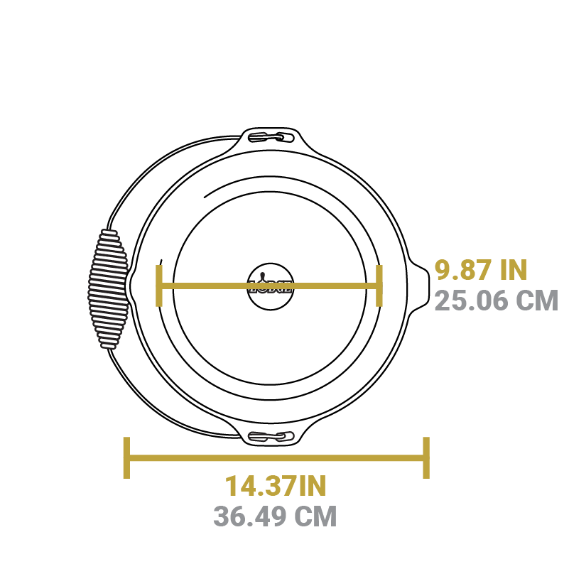 Dimensional drawing of product. Width of flat bottom is 9.87 inches, total width is 14.37 inches.