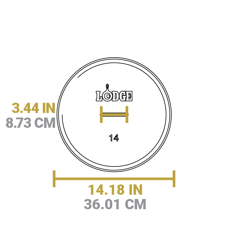 Dimensional drawing of product lid. Total width is 14.18 inches, width of handle is 3.44 inches.