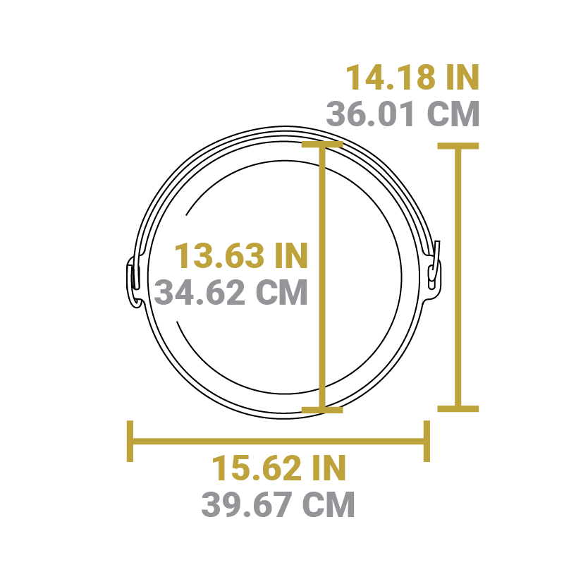 Dimensional drawing of product lid. Total width is 15.62 inches, total length including handle is 14.18 inches, diameter of lid is 13.63 inches.
