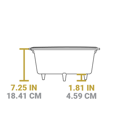 Dimensional drawing of product. Height of dutch oven is 7.25 inches, height of legs is 1.81 inches.