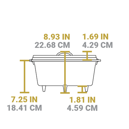 Dimensional drawing of product. Total height is 8.93 inches, height of dutch oven is 7.25 inches, height of legs is 1.81 inches, and height of lid is 1.69 inches.