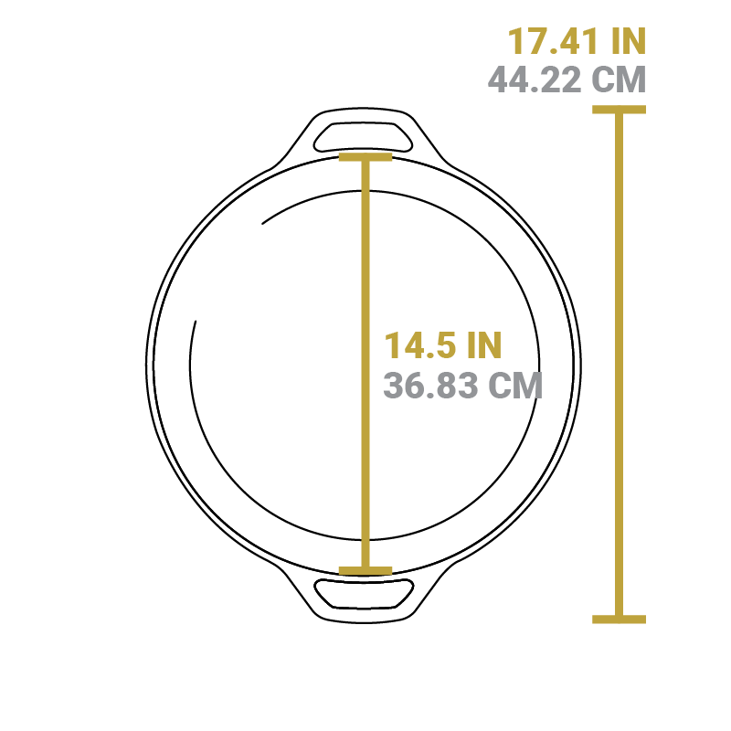 Dimensional drawing of product. Total width from handle to handle is 17.41 inches, width of cooking surface is 14.5 inches.