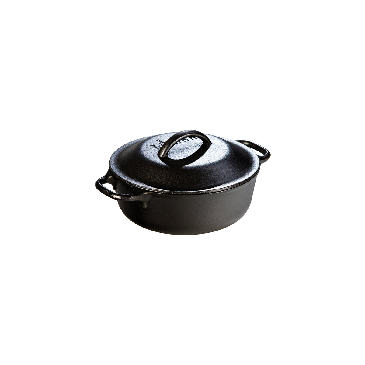 Cast iron dutch oven with lid. A loop handle on each side and a handle on top of lid.