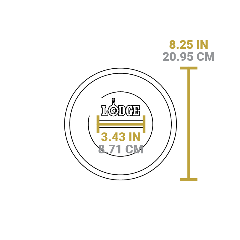 Dimensional drawing of product lid. Width of handle is 3.43 inches, total length is 8.25 inches.