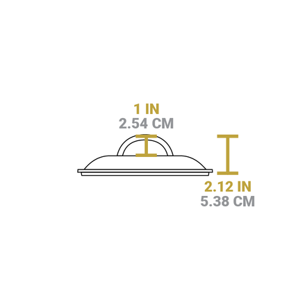 Dimensional drawing of product lid. Height of handle is 1 inch, total height is 2.12 inches.