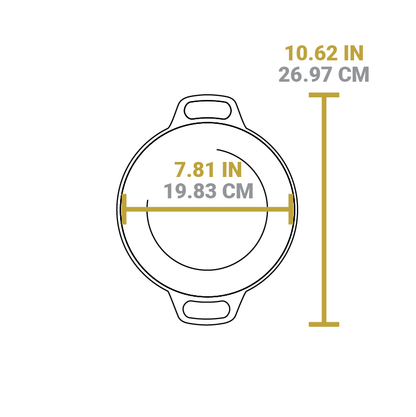 Dimensional drawing of product. Width of dutch oven cooking surface is 7.81 inches, total width from handle to handle is 10.62 inches.