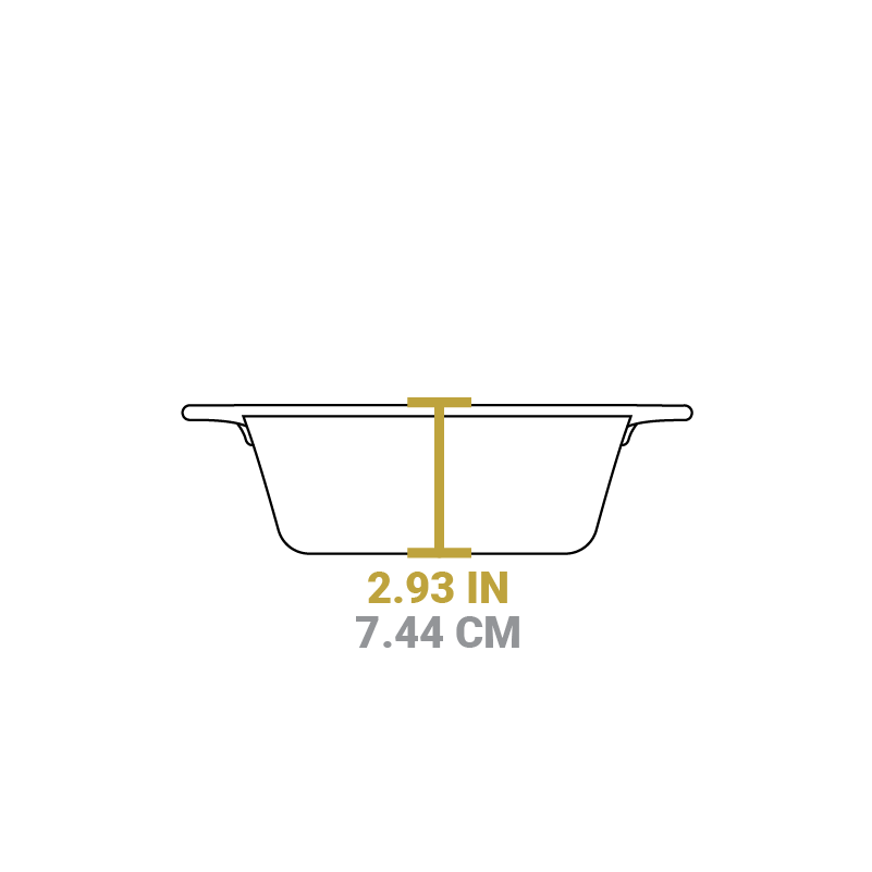 Dimensional drawing of product. Depth of dutch oven is 2.93 inches.