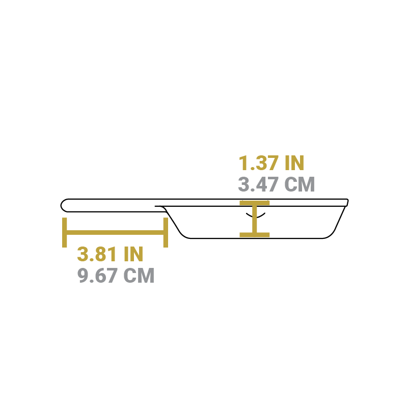 Dimensional drawing of product. Handle length is 3.81 inches, depth of cooking surface is 1.37 inches.