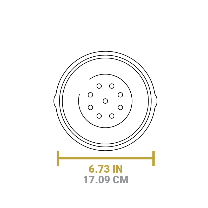Dimensional drawing of product. Diameter is 6.73 inches.
