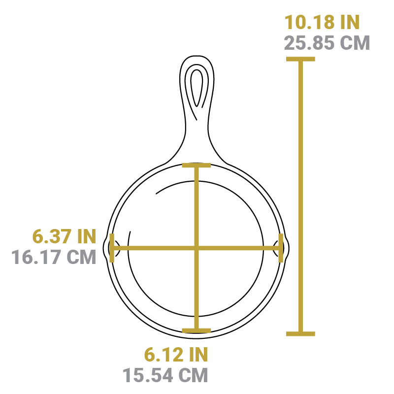 Dimensional drawing of product. Total length including handle is 10.18 inches, length of cooking surface is 6.12 inches, and width from pour spout to pour spout is 6.37 inches.