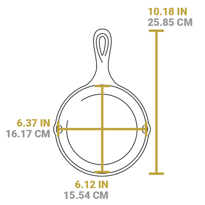 Dimensional drawing of product. Total length including handle is 10.18 inches, length of cooking surface is 6.12 inches, and width from pour spout to pour spout is 6.37 inches.
