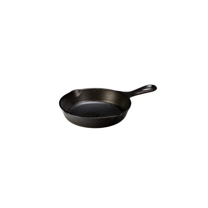 Black skillet with long handle and 2 pour spouts.