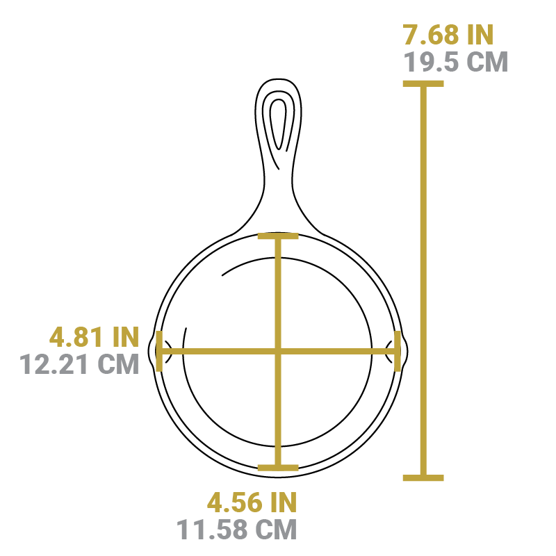Dimensional drawing of product. Total length including handle is 7.68 inches, length of cooking surface is 4.56 inches, and width from pour spout to pour spout is 4.81 inches.