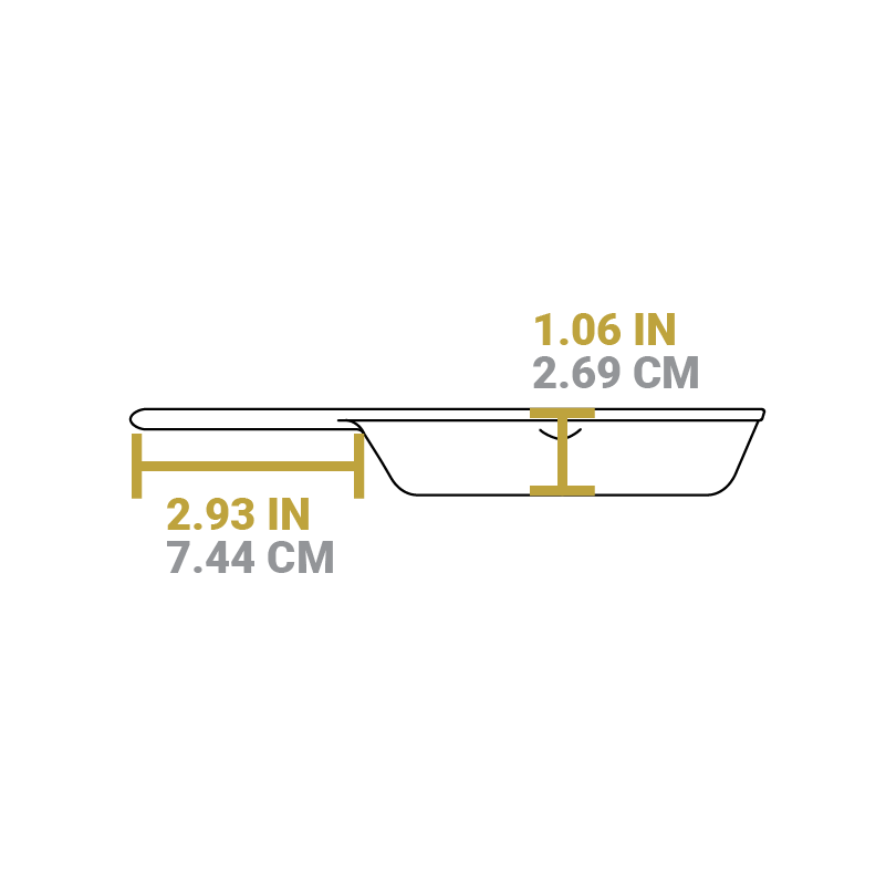 Dimensional drawing of product. Depth of cooking surface is 1.06 inches, and length of handle is 2.93 inches.