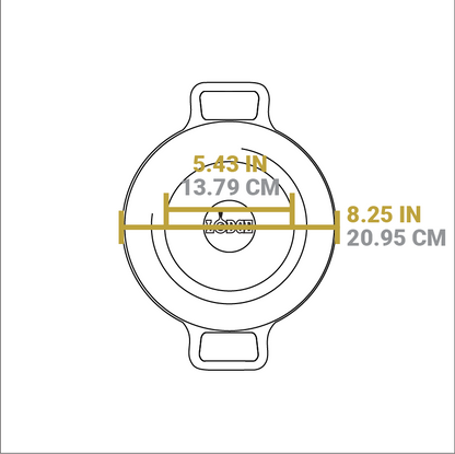 Dimensional drawing of product. Width of flat bottom is 5.43 inches, total width is 8.25 inches.